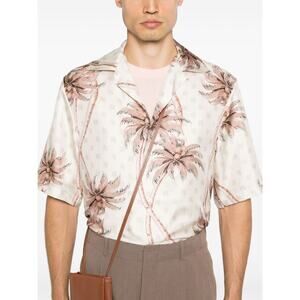 NEW Amiri Men's 100% Silk Twisted Palms Bowling Shirt Birch Tan Pink Size XXL